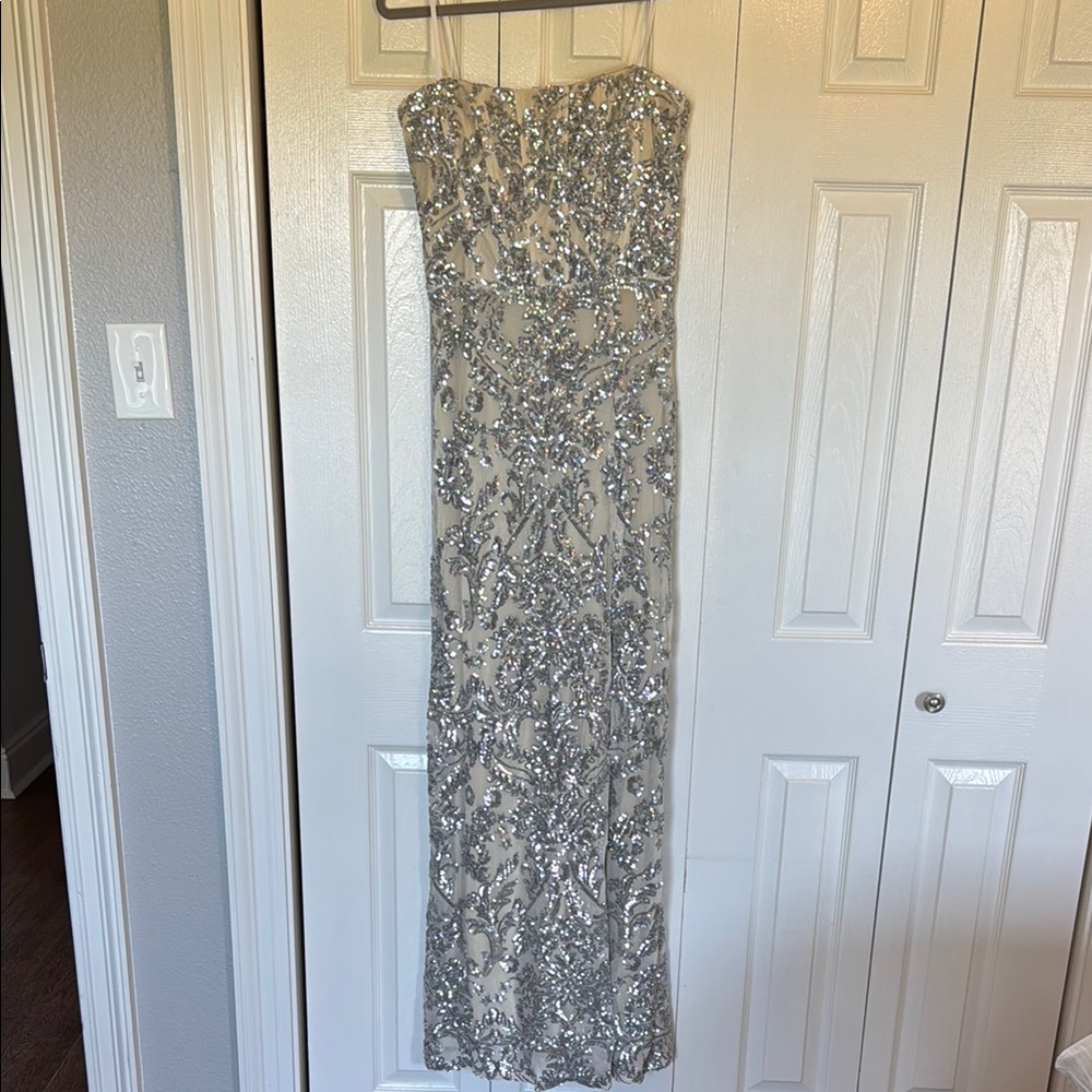 Silver Sequin Strapless Gown